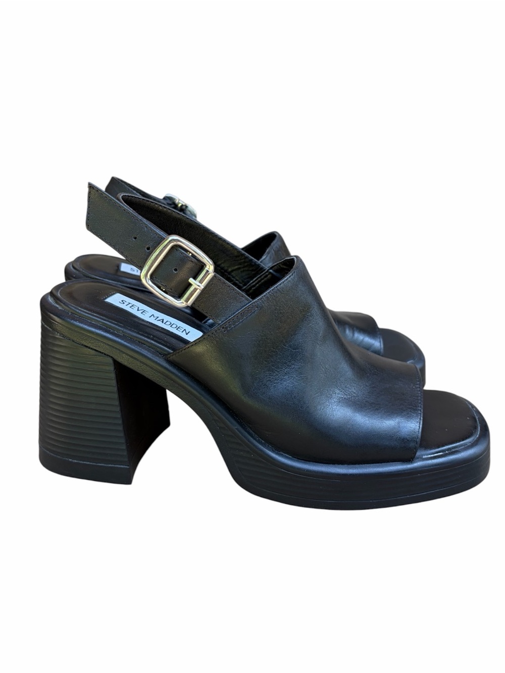 Steve Madden Forza Black Leather Platform Sandals Slingback Block Heel Size 8